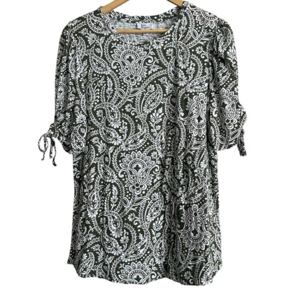 Kim Rogers Paisley Print Green and White Women's Top Size Small
